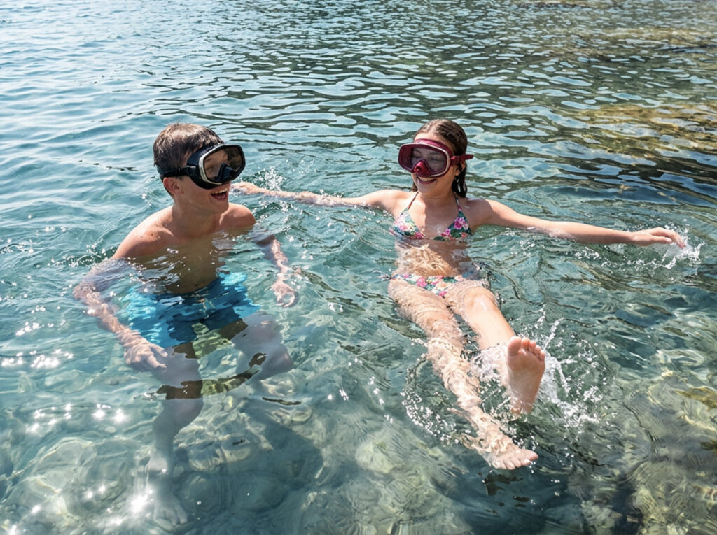 Niños divirtiéndose en el mar durante sus vacaciones equipados con máscaras de buceo y snorkel de ALE-HOP.