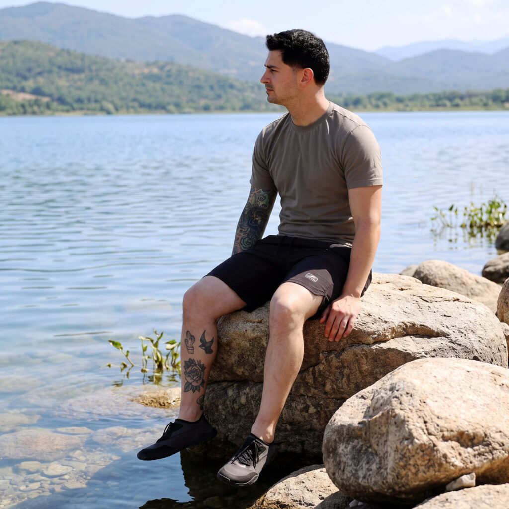 Hombre descansando sobre unas rocas junto al agua equipado con escarpines de playa para hombre de ALE-HOP.