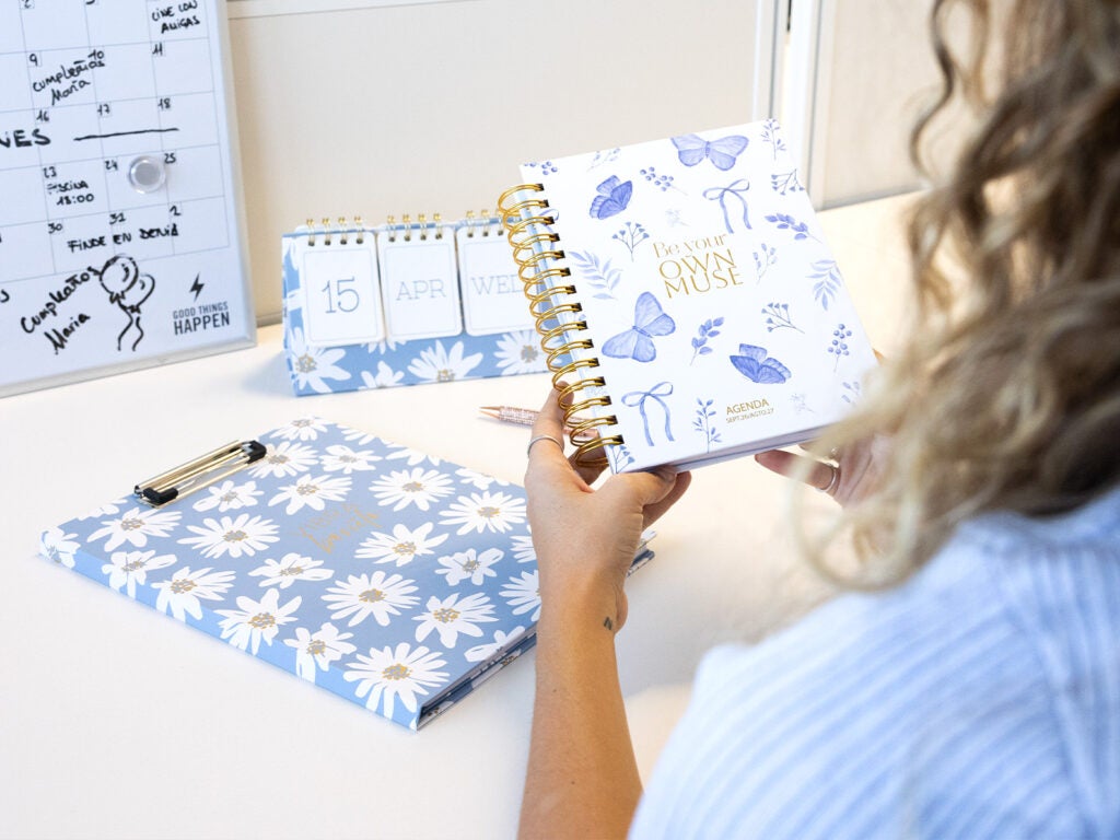 Agenda anual con anillas y carpeta clip en escritorio