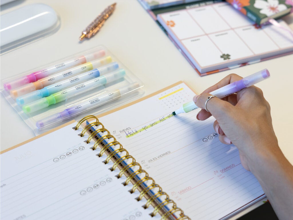 Subrayadores pastel en libreta con anillas de oficina