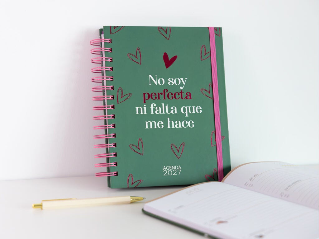Agenda anual 2027 original com espiral cor-de-rosa e frase positiva