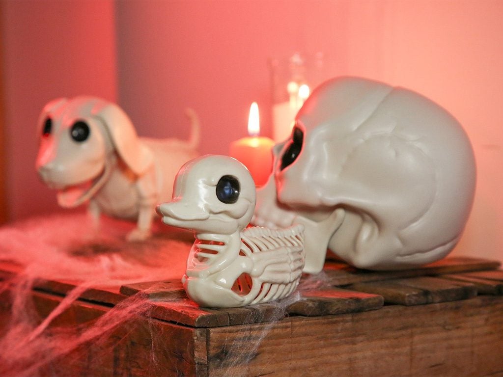 Esqueletos decorativos de pato y perro para Halloween en casa