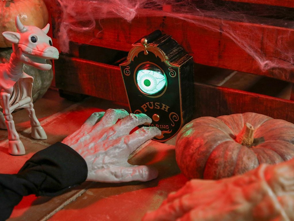 Timbre de Halloween interactivo con ojo y calabazas de fiesta