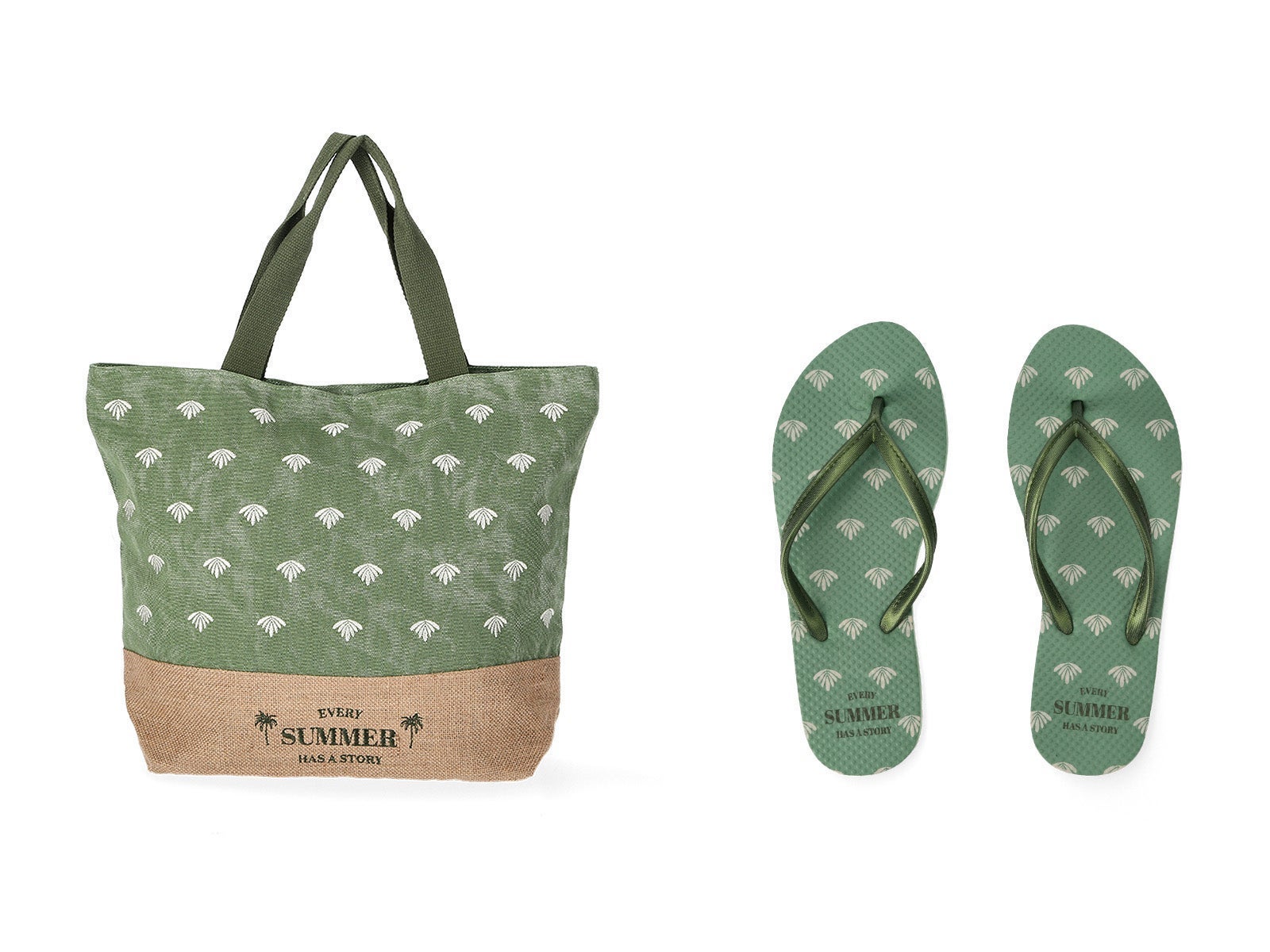 Packs beach bag and flip-flops