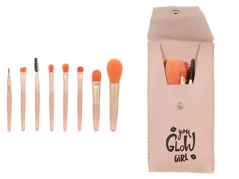 Set de 8 mini brochas de maquillaje con neceser rosa