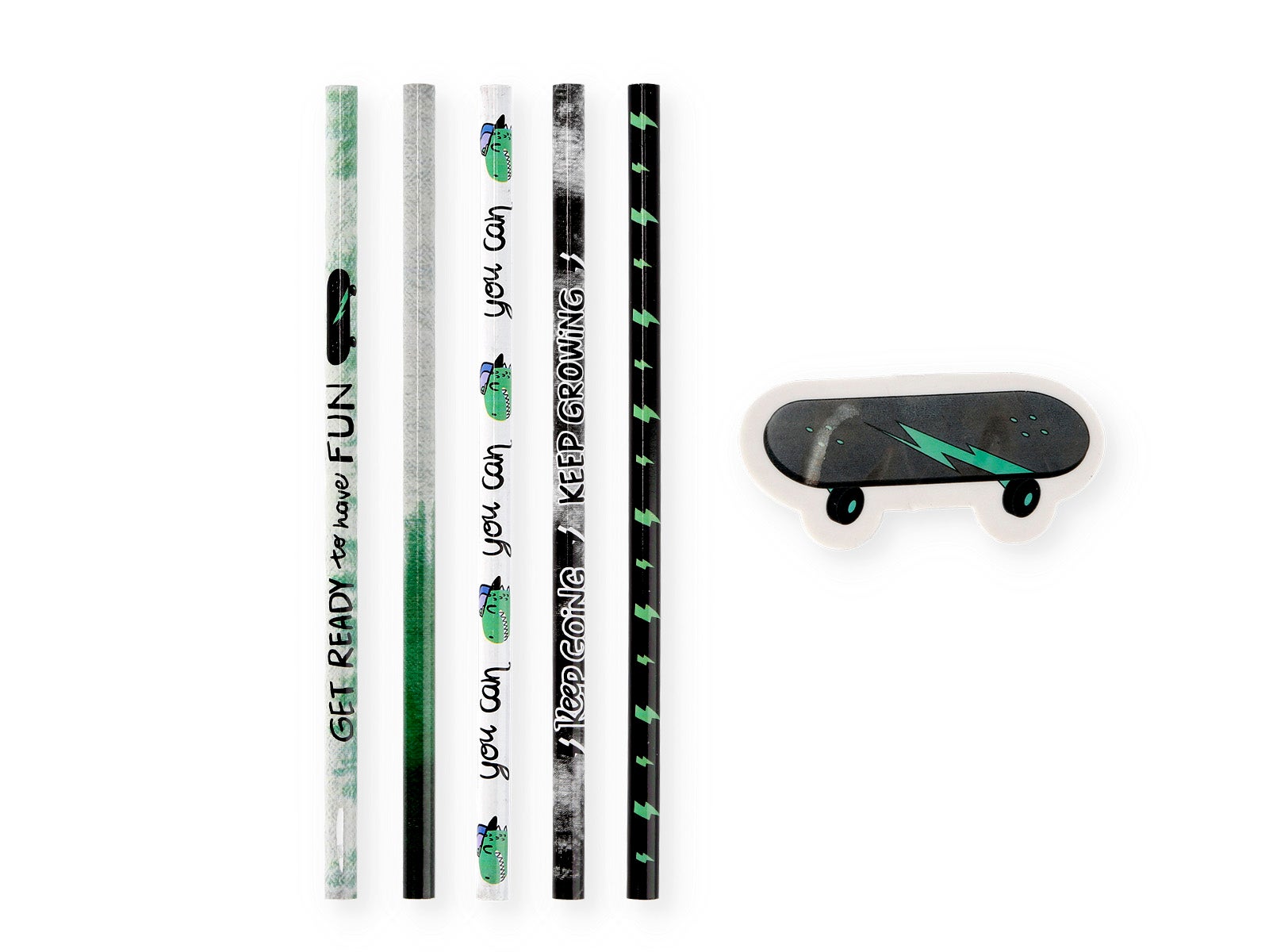 Set de 5 lápices y goma patinete