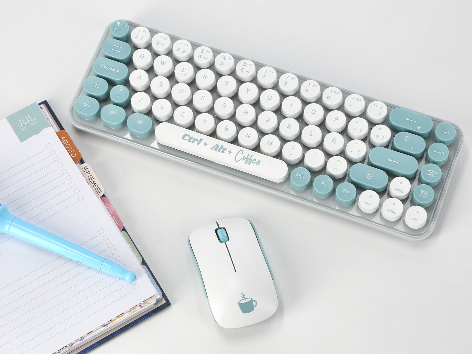 Conjunto de teclado + rato sem fios branco/azul - Coffee