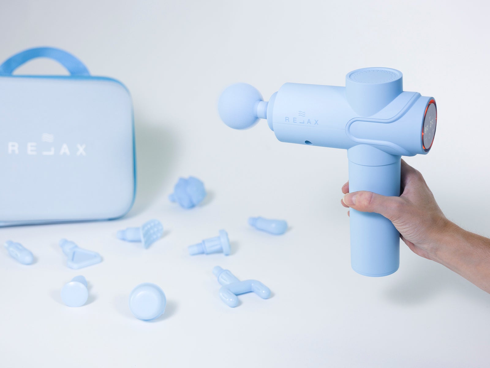 Pistola de masaje muscular digital azul con 10 cabezales - RELAX