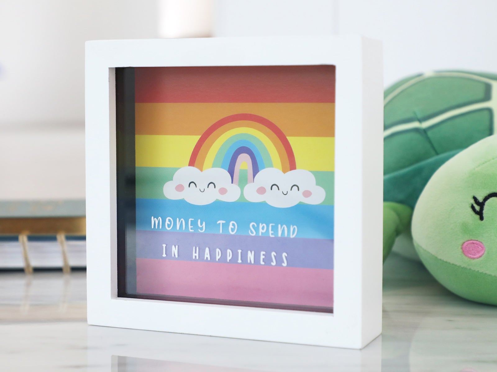 Wooden piggy bank money to spend